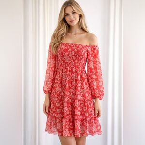 Elegant Red Floral Off-Shoulder Dress